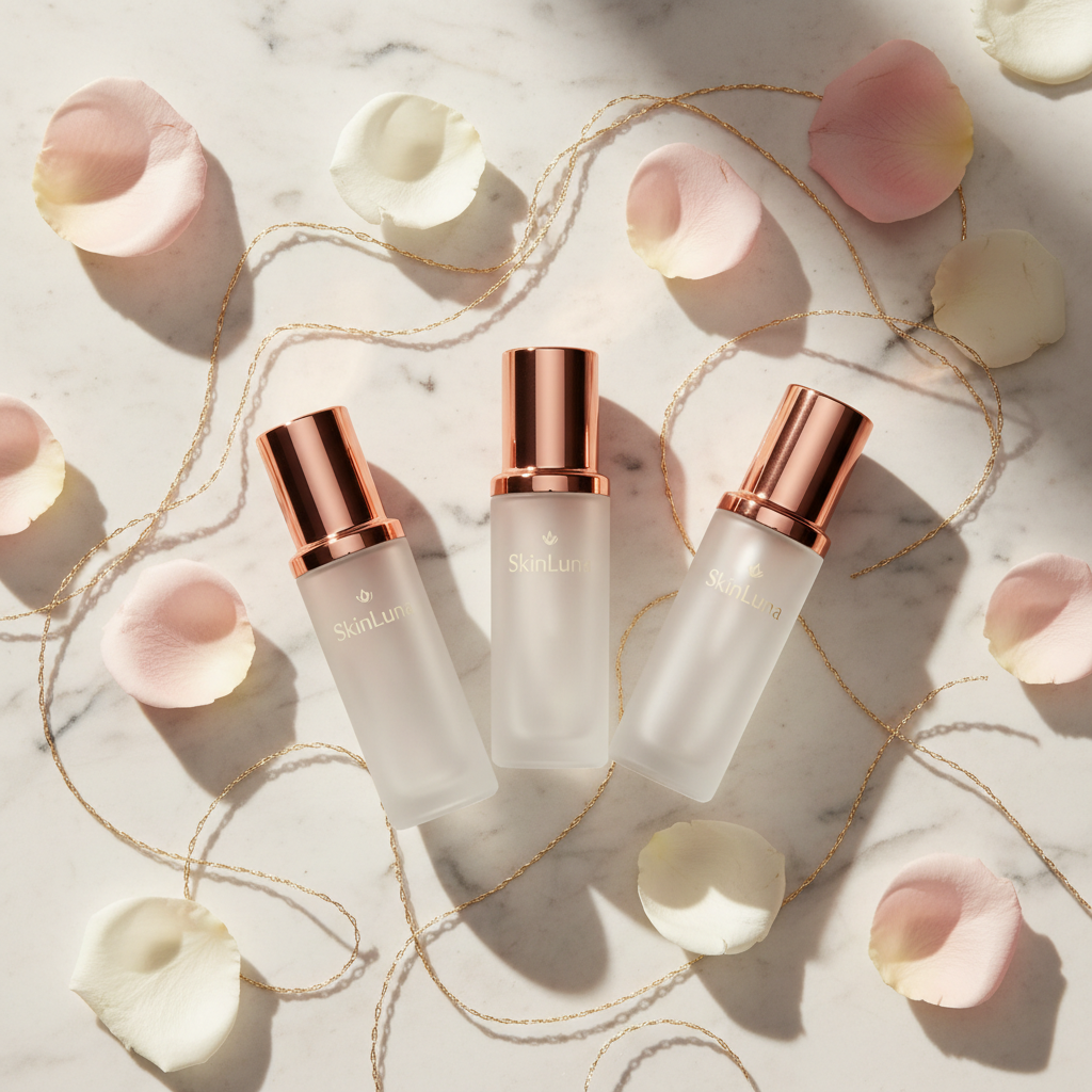 Luxurious anti-aging serums for skin tightening over 50 UK displayed with elegant botanical elements and copper accents.