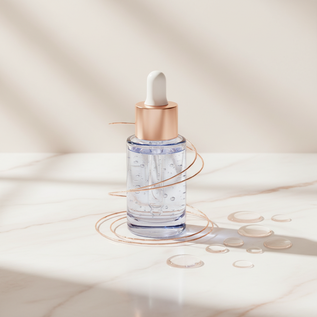 Luxurious rose gold and sapphire blue dropper bottle serum reflecting ambient light, surrounded by delicate copper wire elements and dewy hyaluronic acid drops,