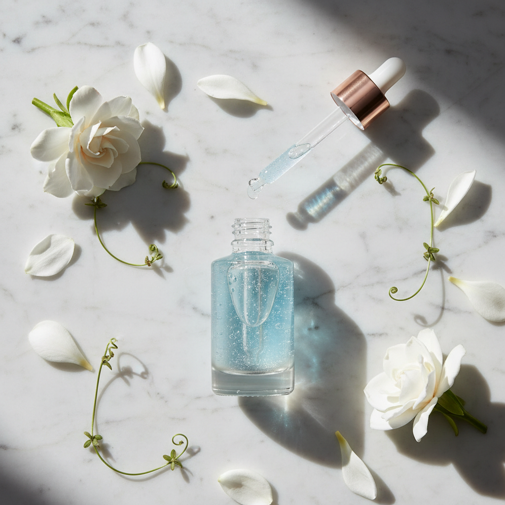 Close-up of a luxurious, clear serum bottle with active ingredients visible, on a soft, glowing background, evoking refreshed and energised skin, perfect for sh