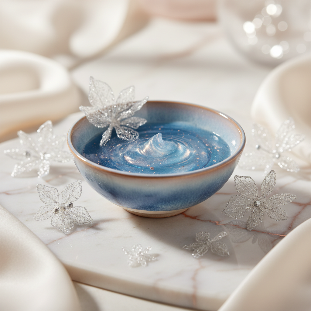 Close-up of a porcelain bowl containing a blue-tinted, luxurious GHK-Cu eye serum, surrounded by delicate silver and white ingredients against a soft, diffused