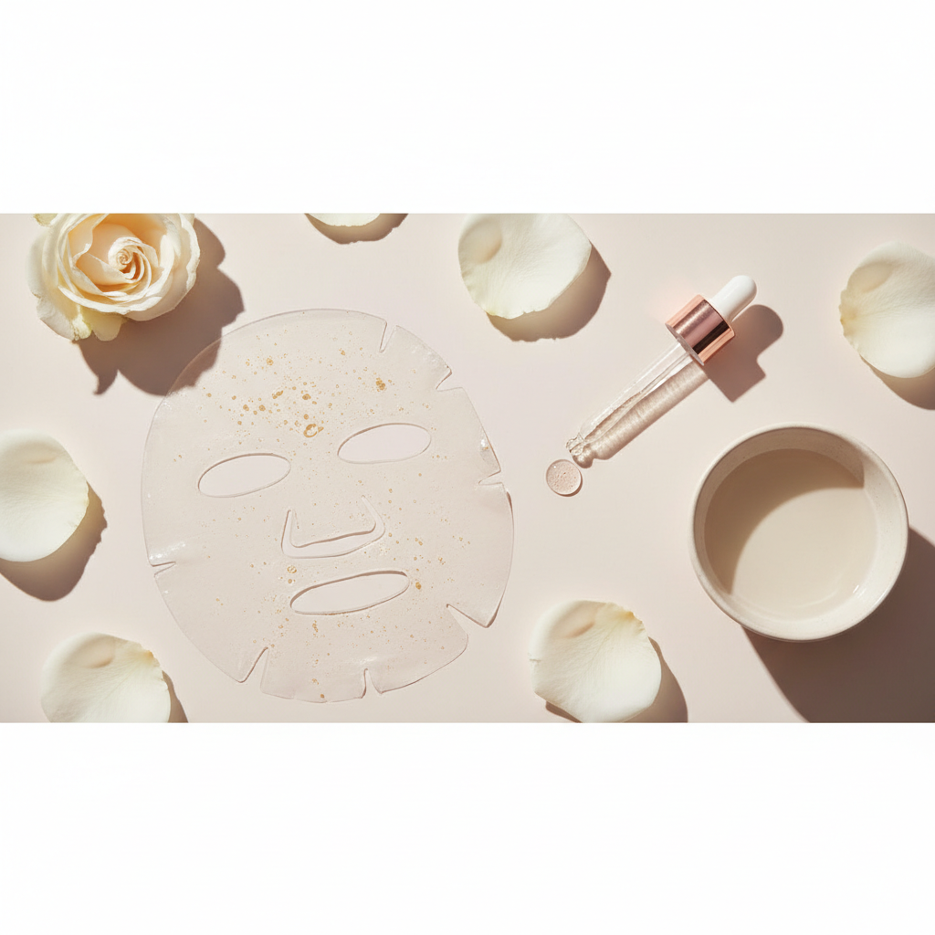 Close-up of a luxurious, elegantly textured sheet mask soaked in a rich, glowing serum on a pristine white background, representing the best sheet masks UK 2026
