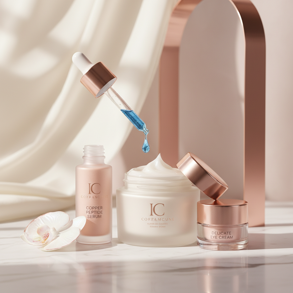 Luxurious array of the best skincare products UK 2026, featuring sleek bottles with copper peptide serums, hydrating moisturizers, and elegant textures on a mar