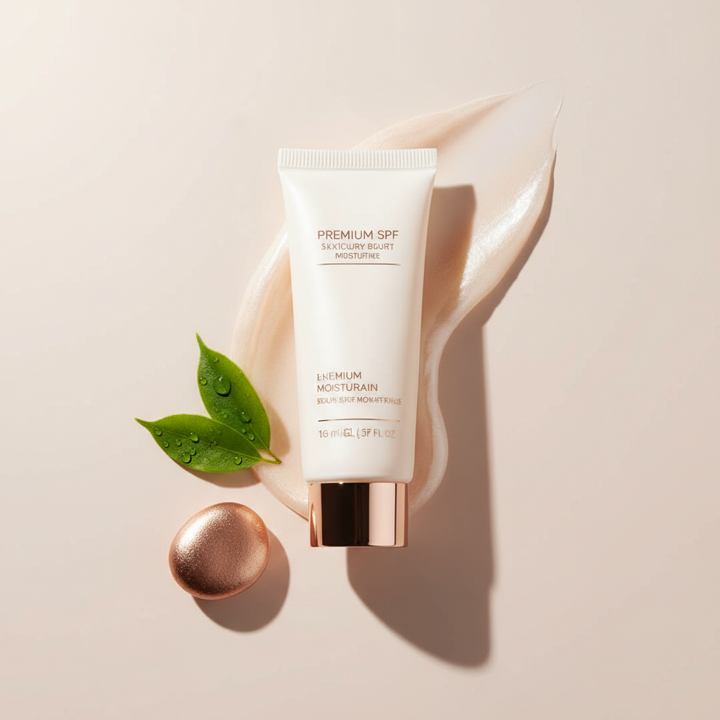 Luxurious, minimalist skincare product shot featuring a premium SPF moisturiser tube with a subtle glow, highlighting the Best SPF Moisturiser UK 2026.
