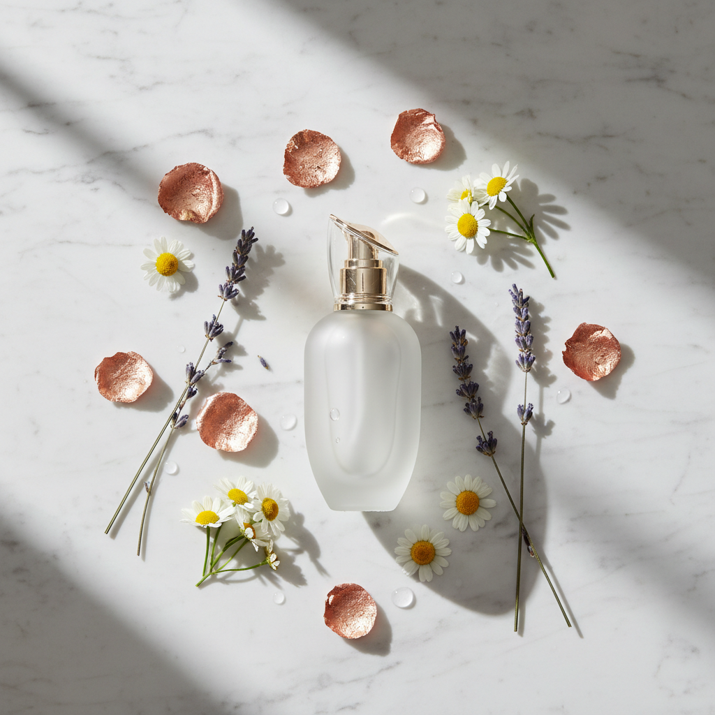 Luxurious glass bottle of a hydrating toner with delicate gold accents, surrounded by fresh botanical ingredients like lavender and chamomile on a marble surfac