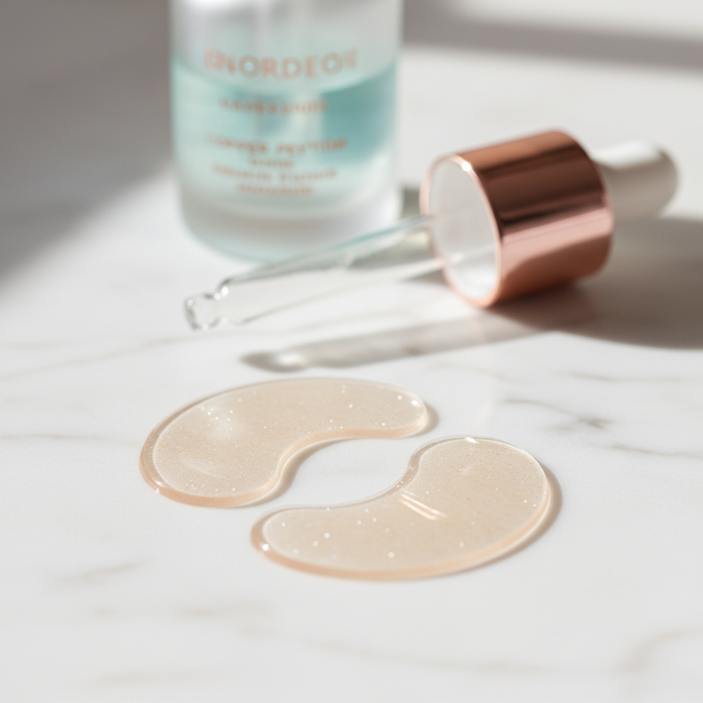 Close-up of a serene model applying a luxurious gold-infused under-eye patch, highlighting the best under-eye patches UK for a luminous glow and anti-aging bene