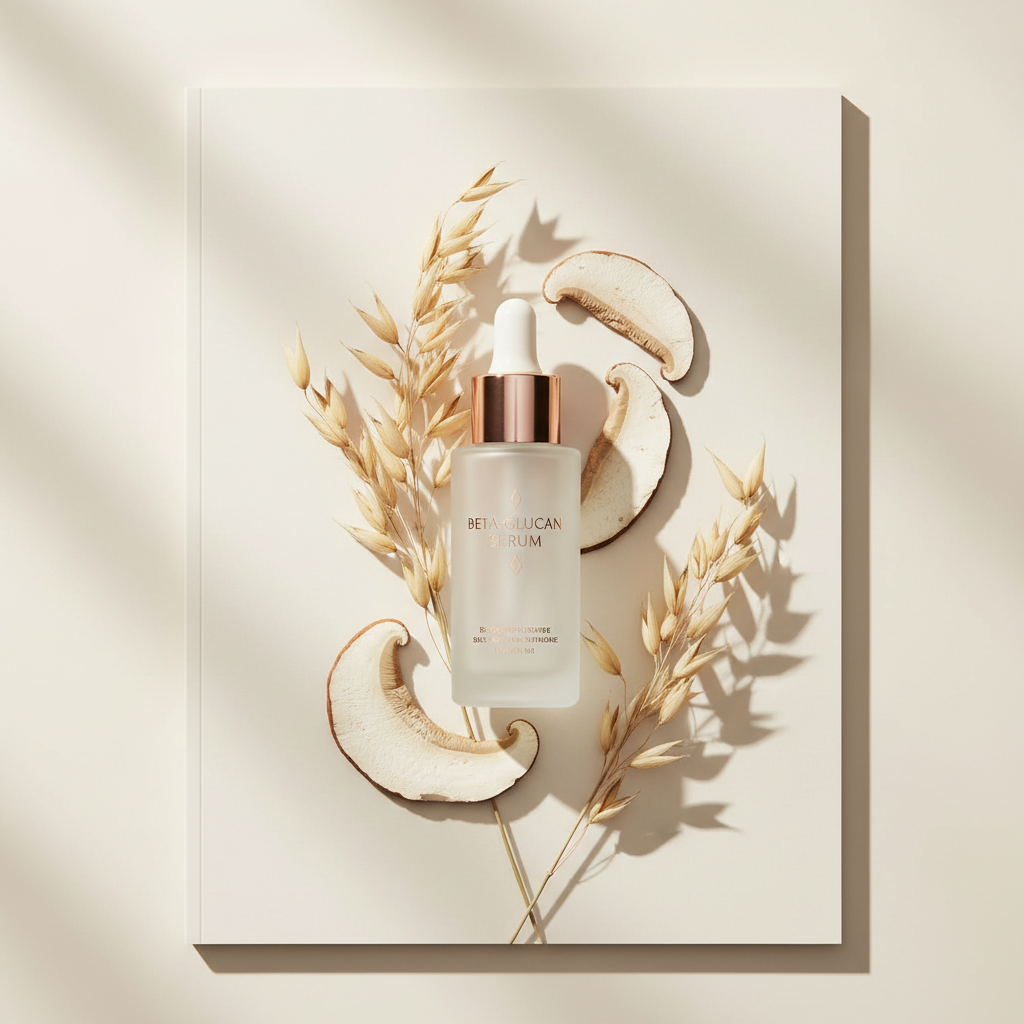 Close-up of a luxurious beta-glucan serum bottle amidst soft oat kernels and mushroom caps on a pristine white surface, highlighting natural ingredients and dee
