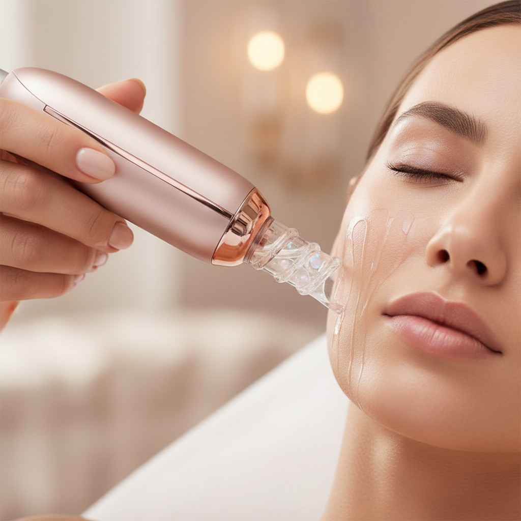 Close-up of a luxurious HydraFacial treatment wand infusing serums into radiant skin, emphasising the glowing results of booking HydraFacial UK