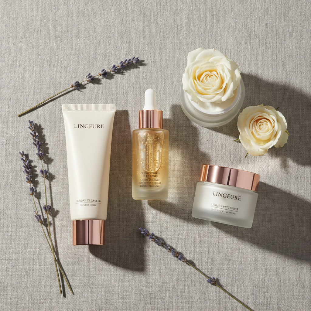 Elegant still life depicting a luxurious 3-step skincare routine UK, featuring a creamy cleanser, a pipette serum bottle with copper peptides, and a rich moistu