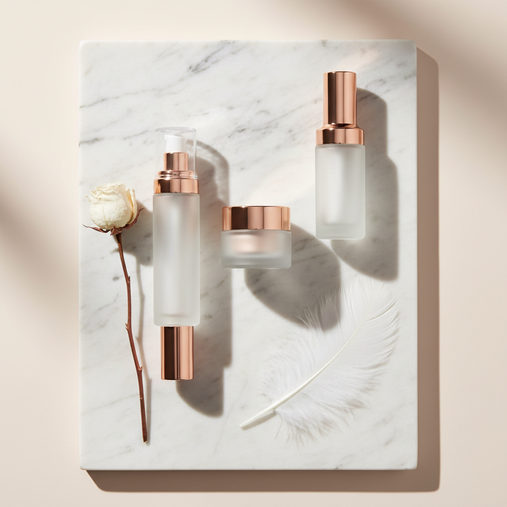 Luxurious minimalist skincare products, including a copper peptide serum, moisturiser, and cleanser, arranged elegantly on a serene marble surface in a modern a