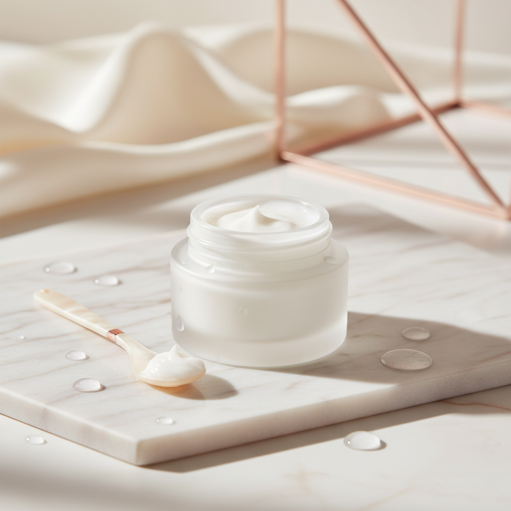 Luxurious glass jar of occlusive balm with a delicate golden spoon, surrounded by water droplets and subtle light, symbolising an effective slugging routine in