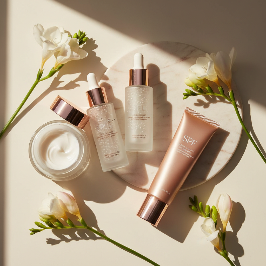 Close-up of elegant skincare products featuring copper peptide serum, rich moisturiser, and SPF on a marble surface with soft, diffused light, illustrating a pr