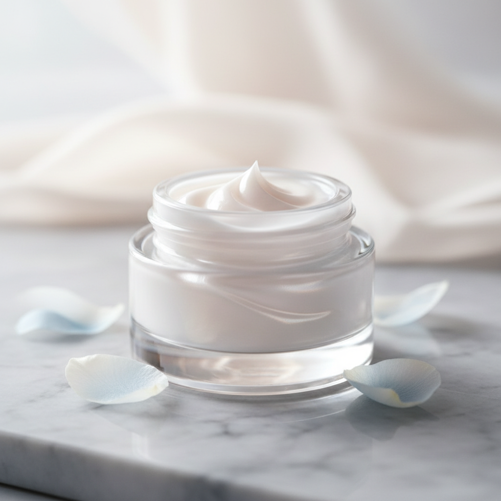 Close-up of a luxurious ceramide cream texture swirling in a minimalist glass jar, highlighting its rich, nourishing qualities for UK skin.