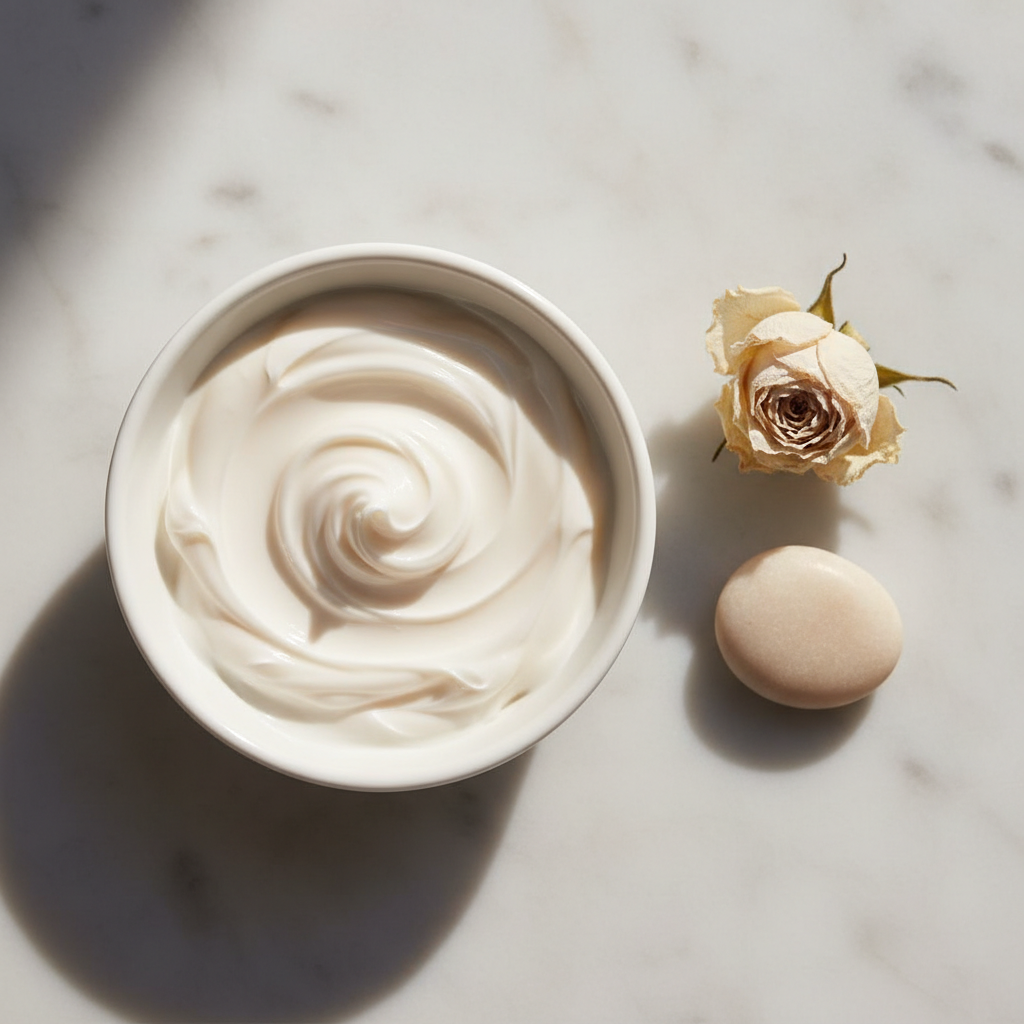 Close-up of a luxurious ceramide cream texture on a pristine white surface, with soft, diffused light, perfect for showing the benefits of ceramides for skin.