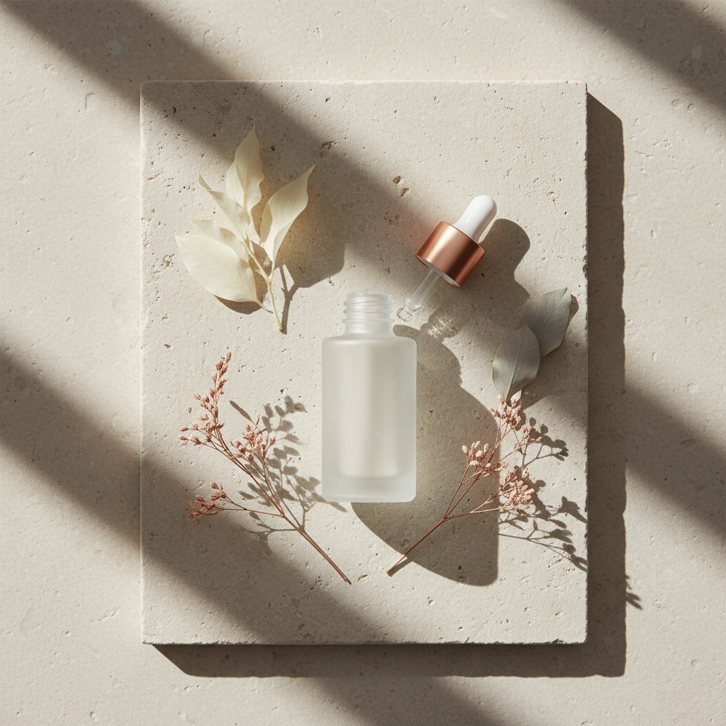 Luxurious glass bottle of copper peptide serum prominently displayed next to a soft focus image of a woman's radiant skin, showcasing the results following a ch