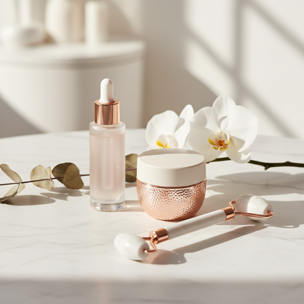 Luxurious array of at-home skincare products including serums, moisturisers, and a single facial roller on a marble surface with soft lighting, symbolising adva