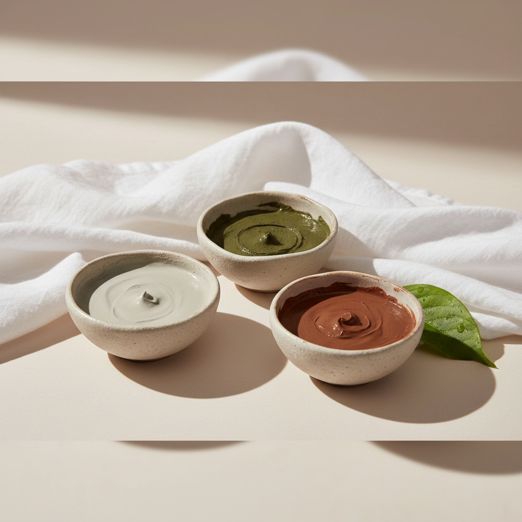 Close-up of three distinct clay masks in small, elegant ceramic bowls, each with a different colour and texture representing different clay types for oily skin