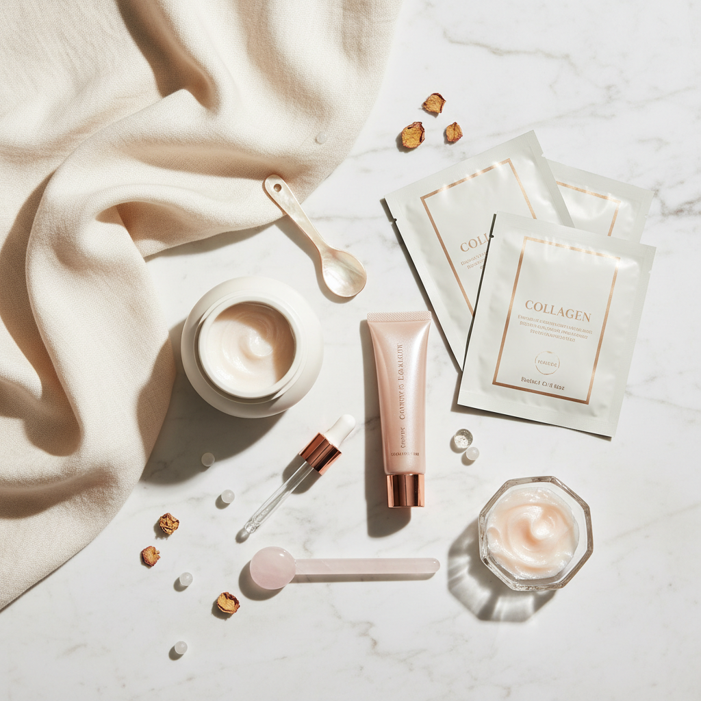 Luxurious array of collagen face masks, including cream, sheet, and gel textures, surrounded by elegant skincare tools and natural botanicals, all set for a rel