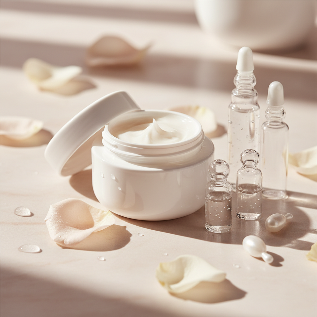 Luxurious dry skin face cream in a minimalist white jar, surrounded by calming, nourishing ingredients like ceramides and hyaluronic acid on a soft, elegant bac