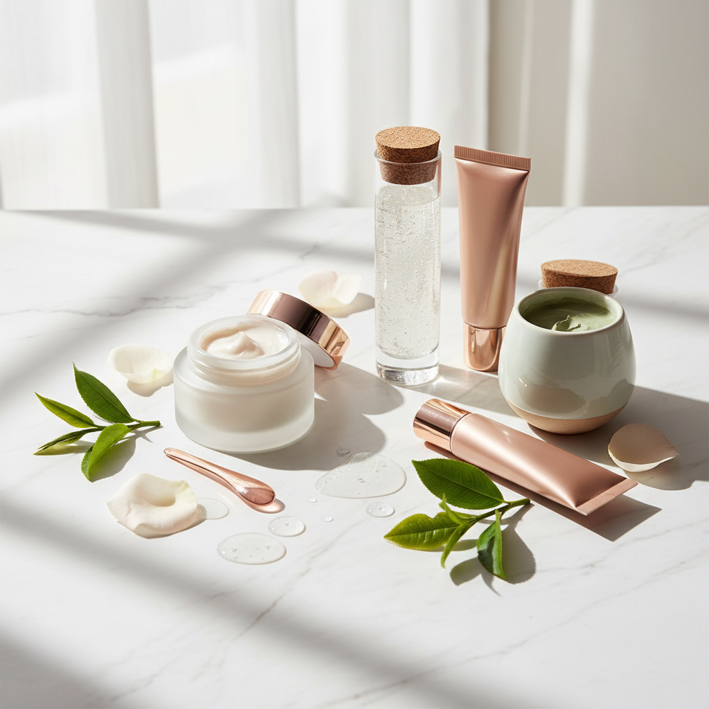 Luxurious array of face masks for glowing skin in elegant pots and tubes, alongside botanical extracts and water droplets on a marble surface.