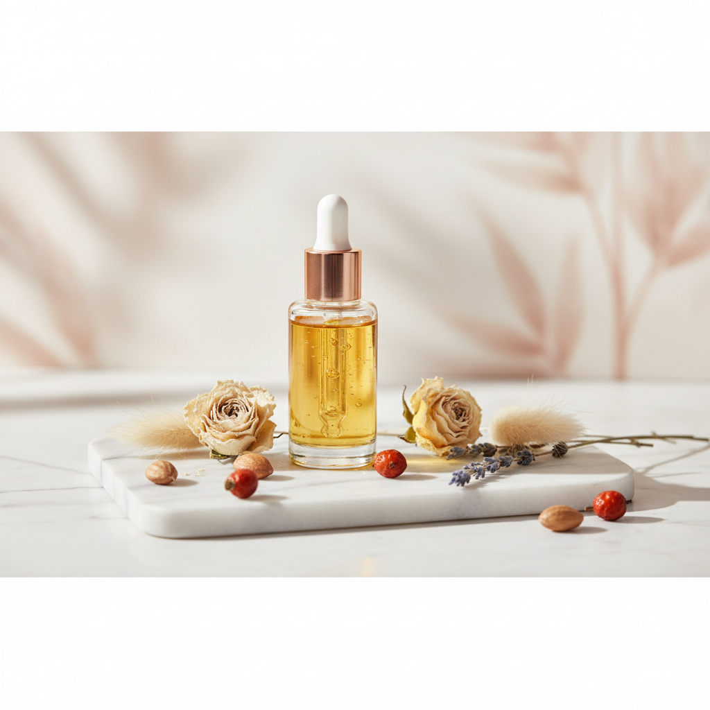 Luxurious face oil bottle with dropper on a marble surface next to delicate dried flowers, ideal for dry skin in the UK climate, evoking hydration and anti-agin