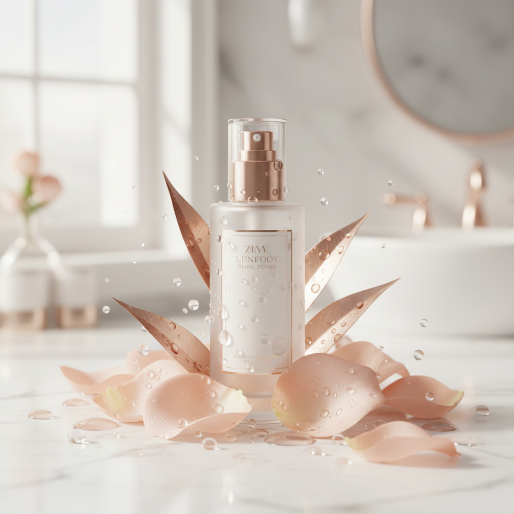 Luxurious glass bottle of facial toner amidst delicate botanical elements and soft light, emphasizing the right toner for skin type UK