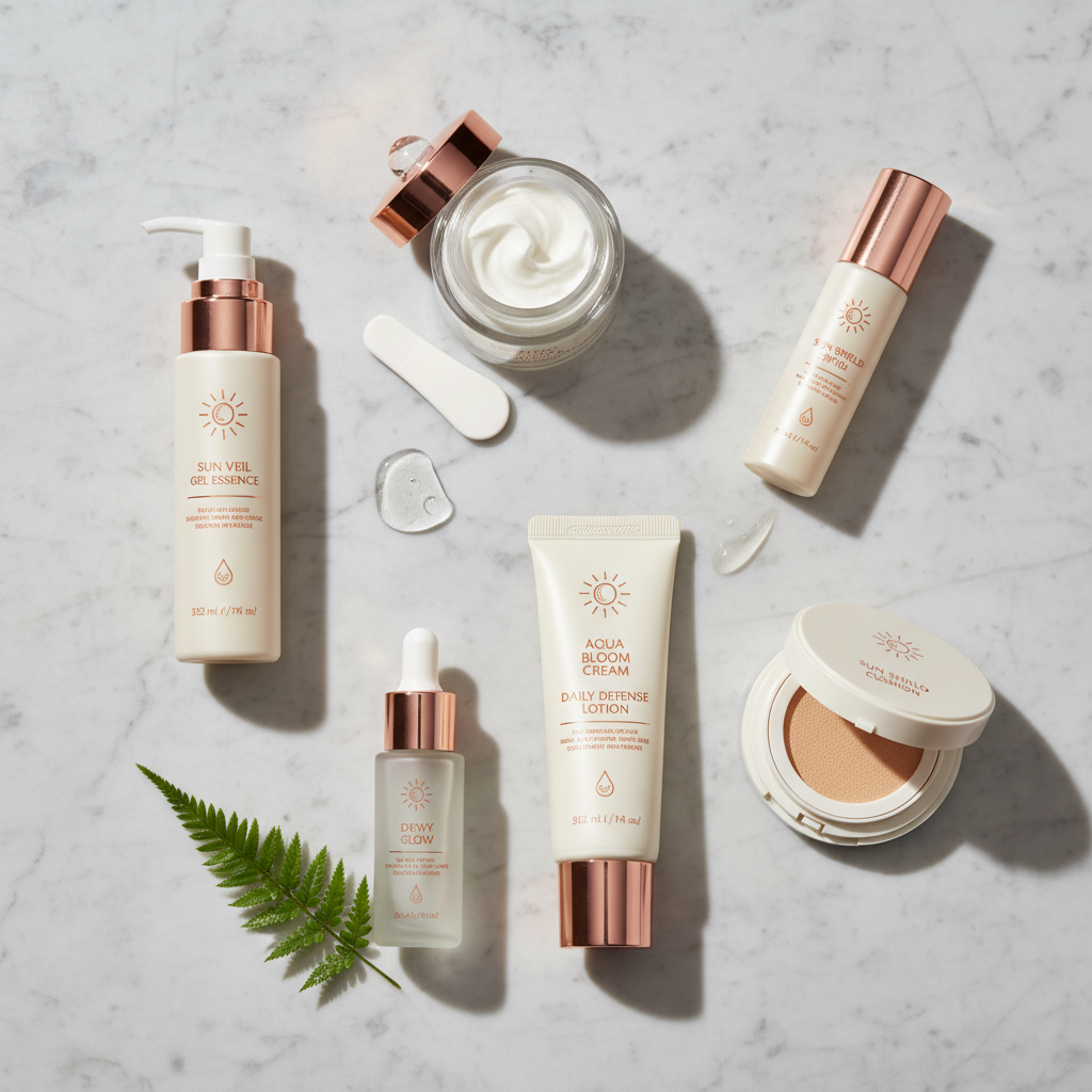 Luxurious array of Korean sunscreen bottles and tubes, some with copper peptide packaging accents, on a light, minimalist background with gentle shadows, perfec