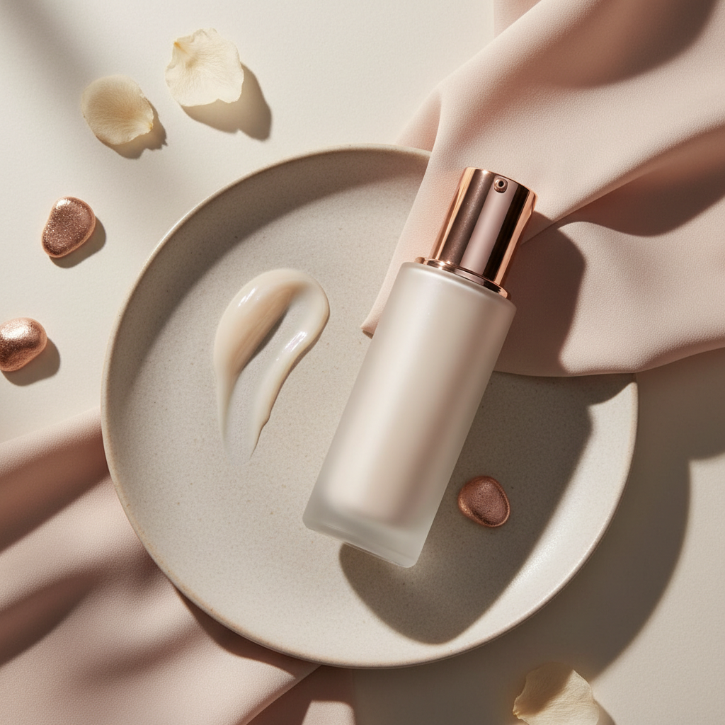 Close-up of a luxurious SPF moisturiser bottle with a delicate, dewy texture swatch on a hand, set against a softened, elegant backdrop, emphasising hydration a