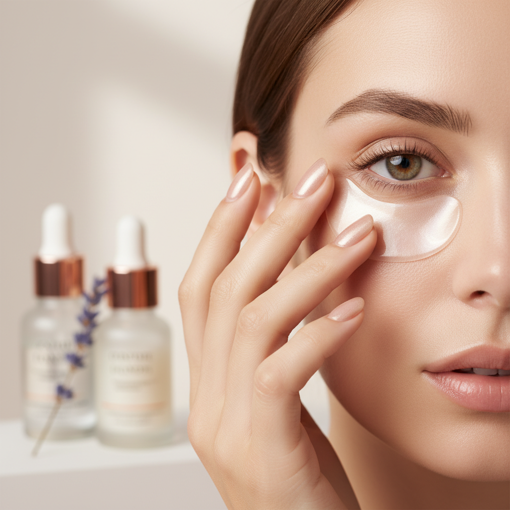 Close-up of elegant fingers gently applying luxurious under-eye patches to healthy, glowing skin, with soft, natural light emphasizing the delicate texture of t