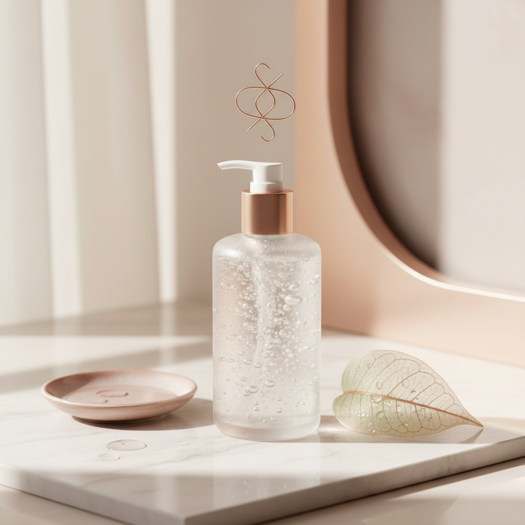 Close-up of a luxurious, clear gel face wash with subtle bubbles, featuring elegant botanical extracts and copper peptide symbols, illustrating how to choose th