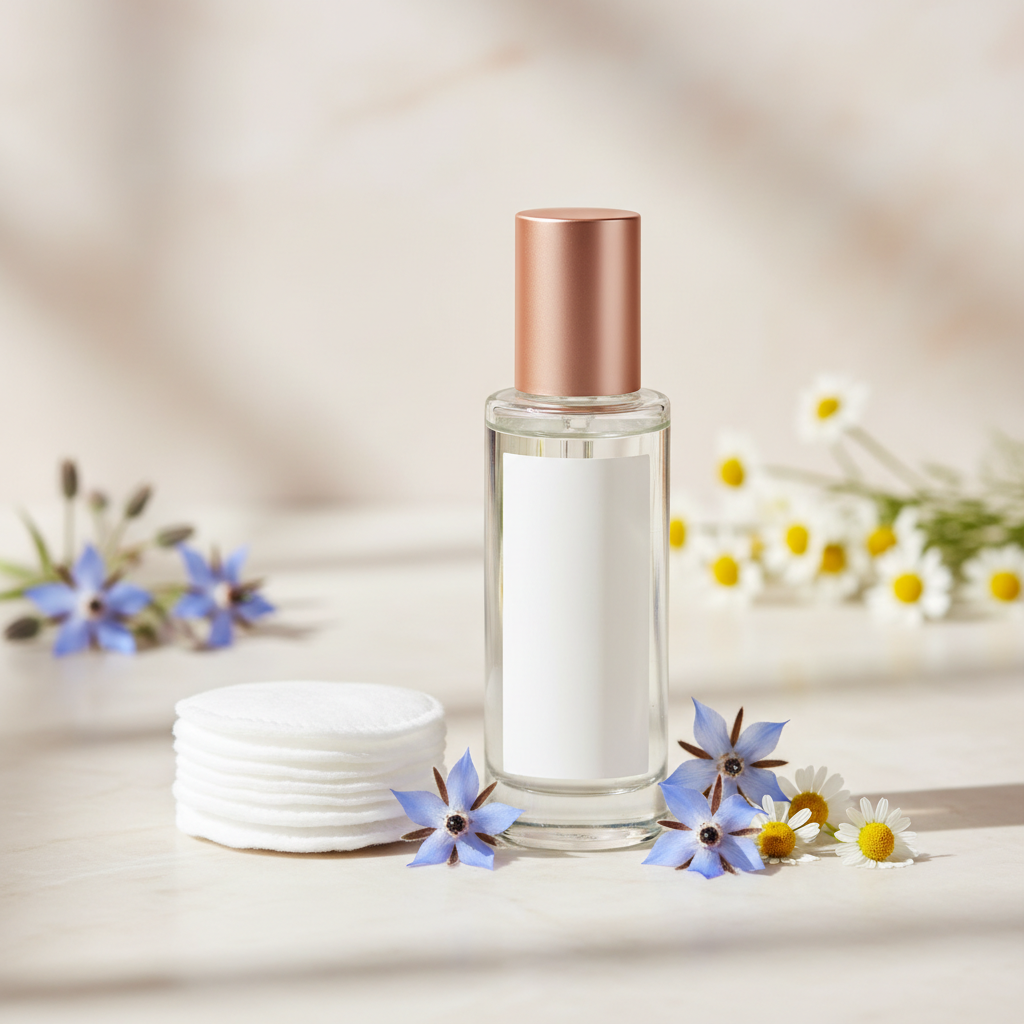 Close-up of a glass bottle of micellar water with gentle bubbles, reflecting subtle light, surrounded by soft organic cotton pads and delicate light-blue floral