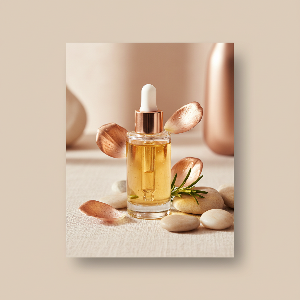 Close-up of elegant glass dropper bottle containing a golden clean beauty serum, with botanical extracts and soft, natural light, symbolising clean beauty serum