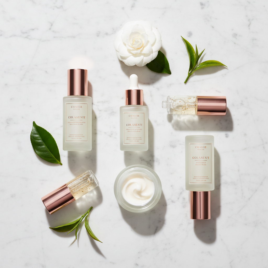 Luxurious clean beauty skincare products with natural botanicals, showcasing transparent bottles and sustainable packaging in a minimalist UK aesthetic, highlig