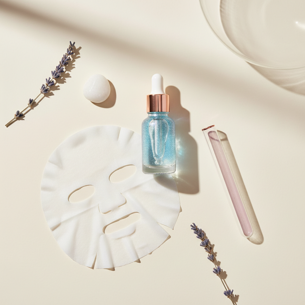 Luxurious glass bottle of copper peptide serum next to a delicate white collagen face mask, with a neutral background and soft lighting, representing collagen f