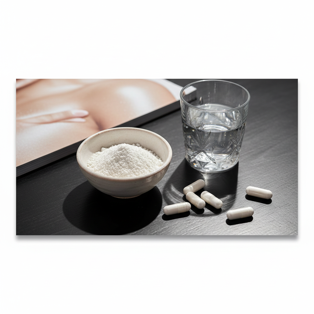 Luxurious editorial image of collagen powder and capsules next to a glass of water, with subtle imagery of healthy, radiant skin. Focus keyword: collagen supple