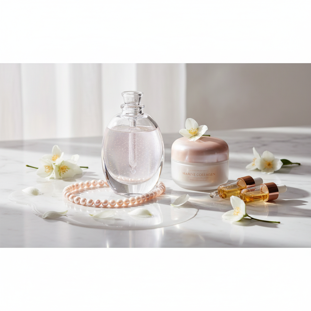 Luxurious glass bottle of marine collagen supplements UK, surrounded by delicate pearl beads and a sprig of white jasmine on a marble countertop, soft lighting