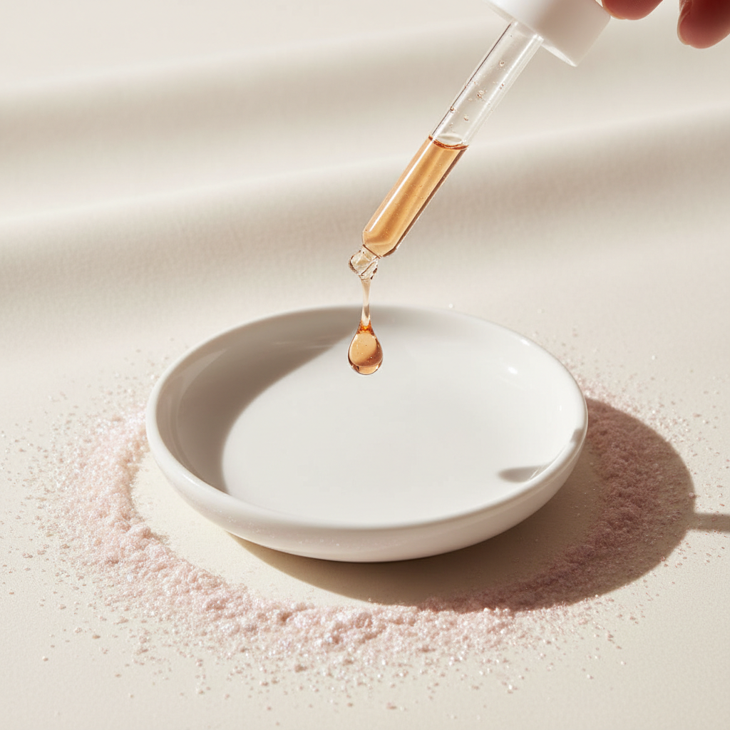 Luxurious editorial image of a pipette dispensing a shimmering copper peptide (GHK-Cu) serum onto a pristine white ceramic dish, with fresh collagen powder scat