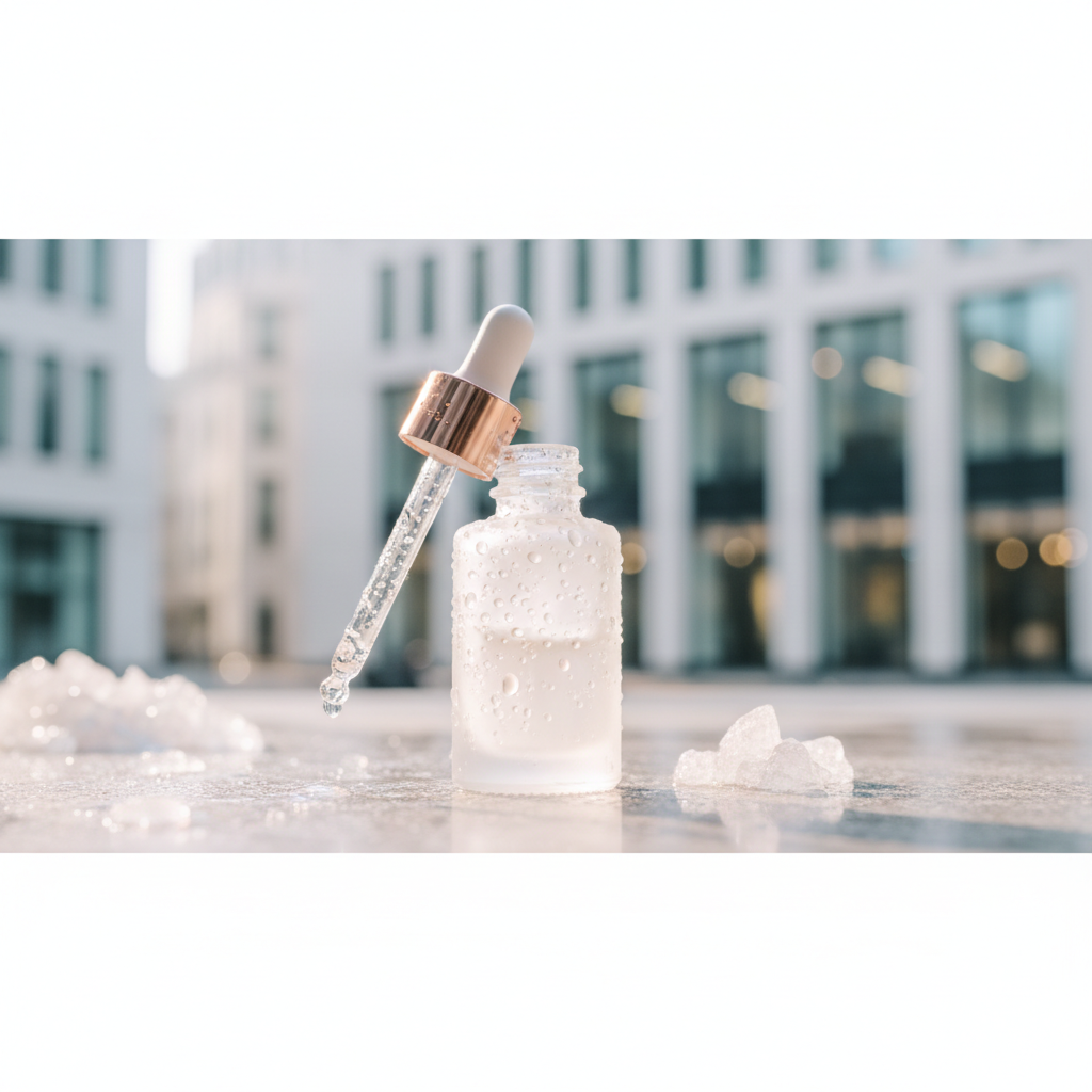 Close-up of clear water droplets on a luxurious glass bottle of hard water skincare serum, reflecting subtle light in a London-inspired setting.