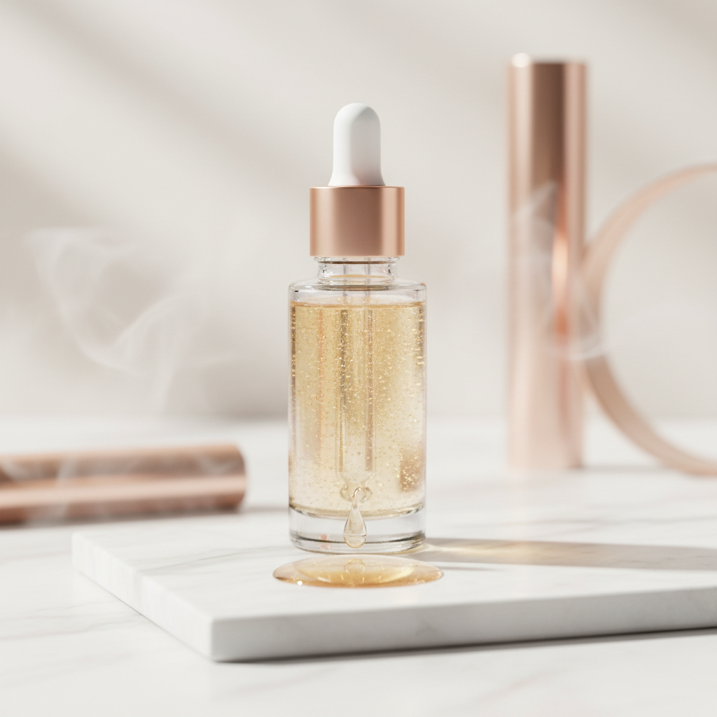 Close-up of a luxurious copper peptide serum bottle with luminous texture droplets, hinting at how long copper peptide serum takes to work UK for anti-aging res