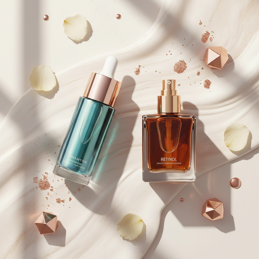 Luxurious glass bottle of copper peptide serum next to a dark amber retinol bottle, both surrounded by elegant copper-toned accents and delicate gold silk, symb