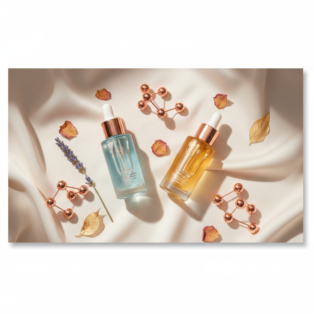 Luxurious glass bottles of copper peptide serum and retinol alongside delicate copper-toned botanicals, illustrating the copper peptides vs retinol UK compariso