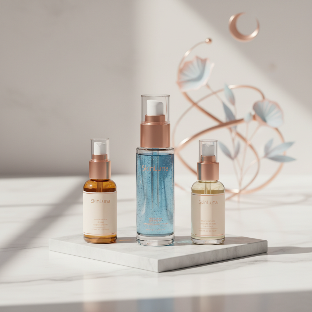 Close-up of elegant skincare products featuring copper peptides, with subtle fine lines on a model's hand, against a luxurious, minimalist UK backdrop.