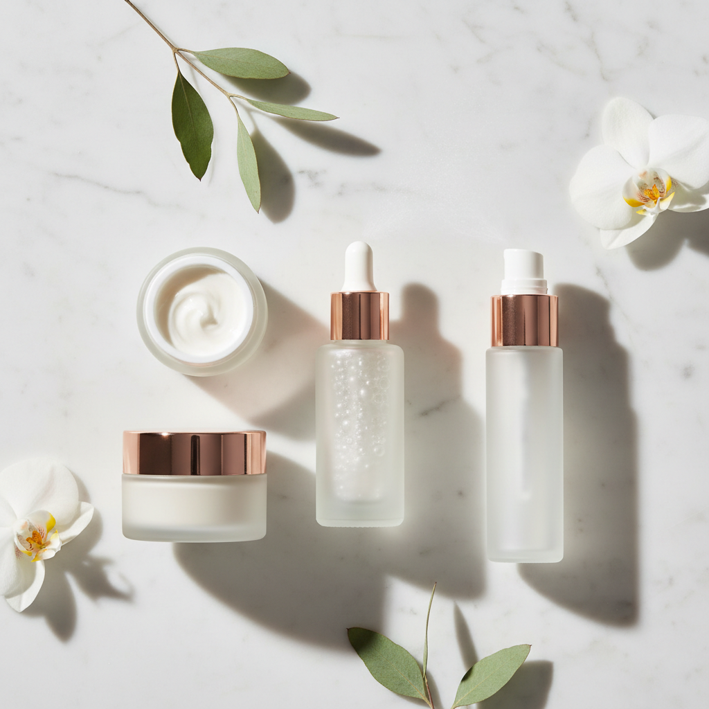 Close-up of a luxurious SkinLuna GHK-Cu serum bottle on a marble surface with delicate floral accents, conveying gentle yet effective skincare for people with d