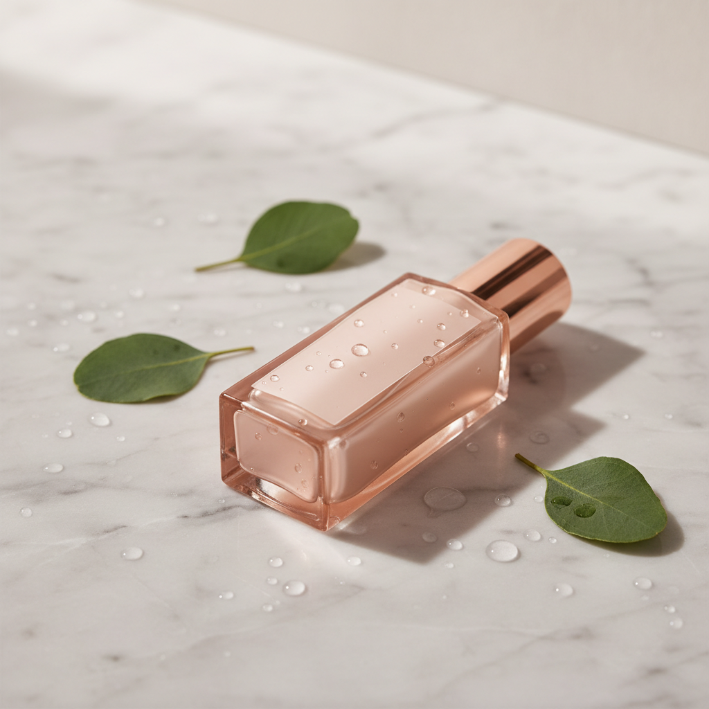 Luxurious copper-toned serum bottle with elegant label, surrounded by delicate botanicals and soft light, symbolising advanced home treatment for fine lines and