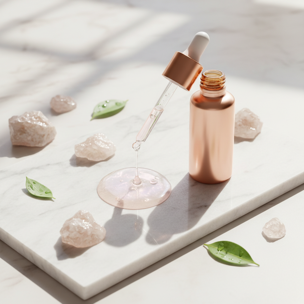 Close-up of a luxurious copper-toned serum bottle with GHK-Cu, nestled on smooth, white, marble with water droplets, signifying treatment for enlarged pores in