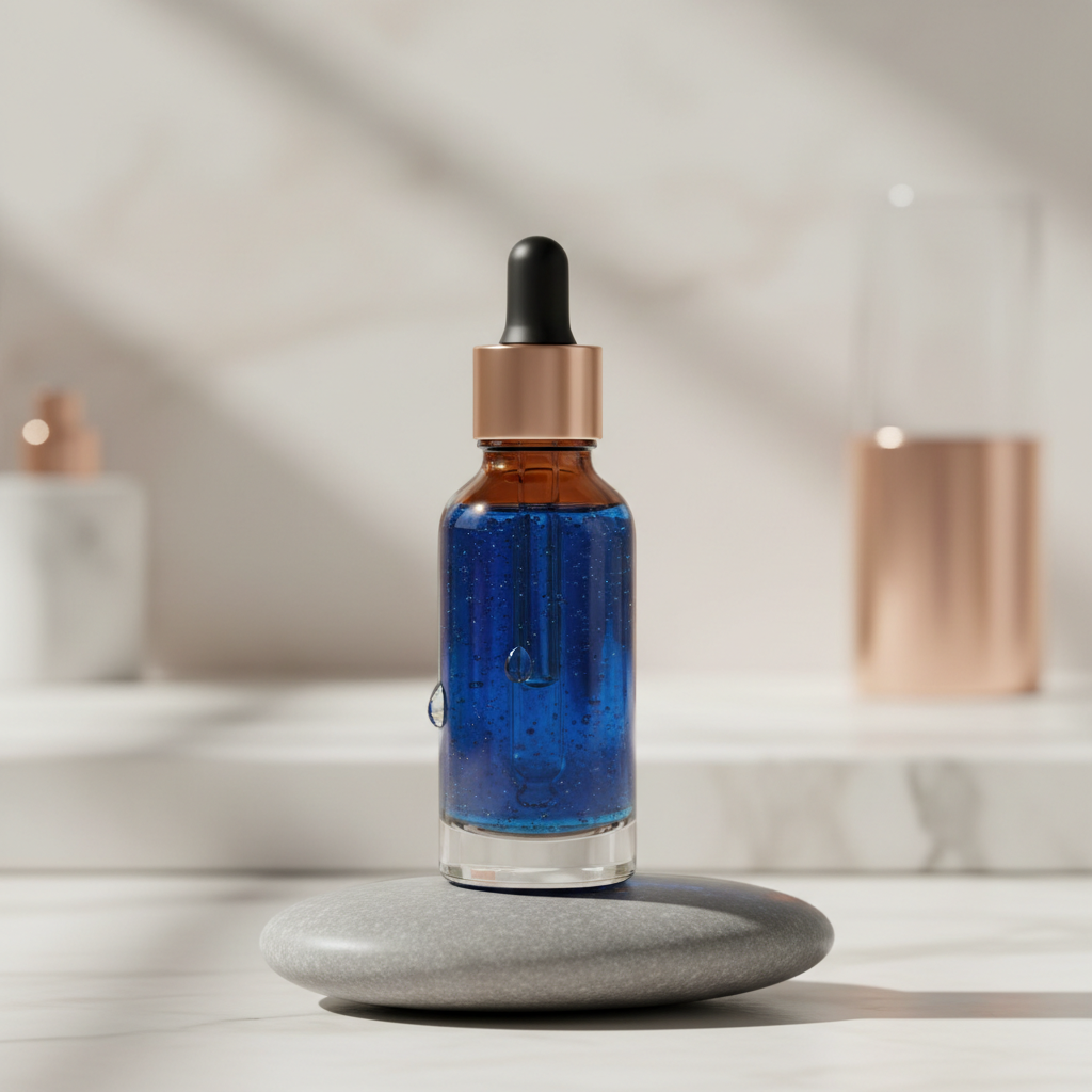 Close-up of a luxurious skincare bottle with copper peptide serum near a smooth, refined skin texture, illustrating solutions for enlarged pores UK.