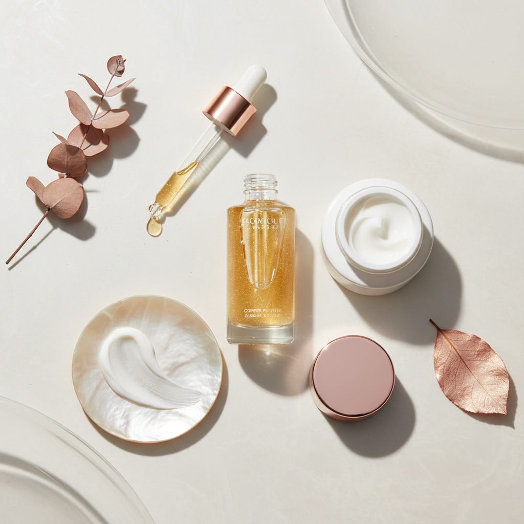 Luxurious golden copper peptide serum droplets next to a rich, creamy eye cream on a white, pearl-like surface, showcasing ingredients for eye cream for dark ci