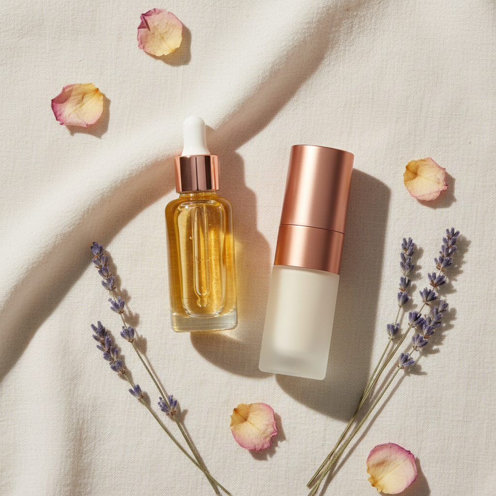 Luxurious overhead flat lay of a dropper bottle of face oil for dry skin and a sleek copper peptide serum bottle, surrounded by delicate botanicals and soft lig