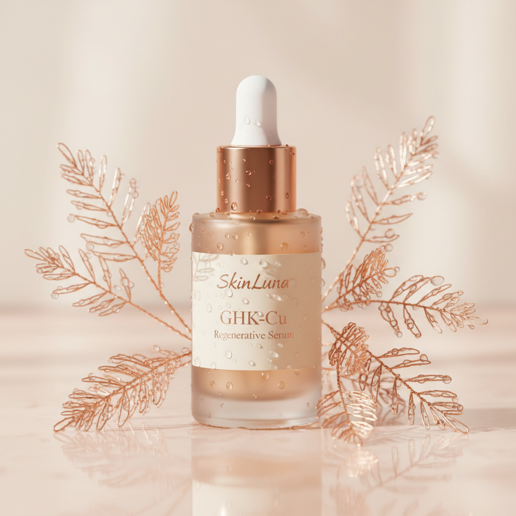 Luxurious GHK-Cu serum bottle surrounded by delicate copper-toned botanicals and shimmering water droplets, highlighting 'fine lines and wrinkles UK' solutions