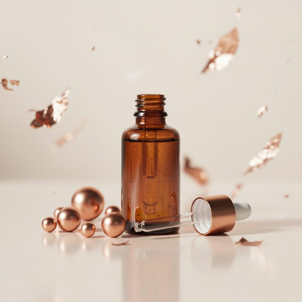Close-up of a luxurious copper peptide serum bottle with a pipette, surrounded by delicate copper-toned botanicals and subtle light reflections, conveying advan