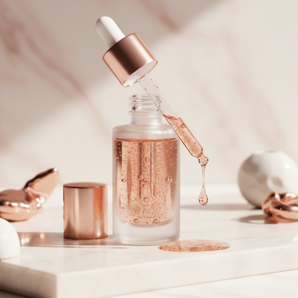 Close-up of a luxurious copper-toned serum bottle with GHK-Cu copper peptide drops on a pristine white surface, highlighting advanced anti-aging skincare benefi